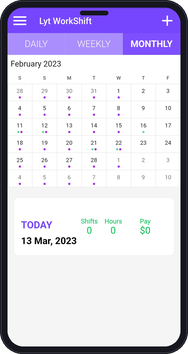 Lyt WorkShift monthly calendar view