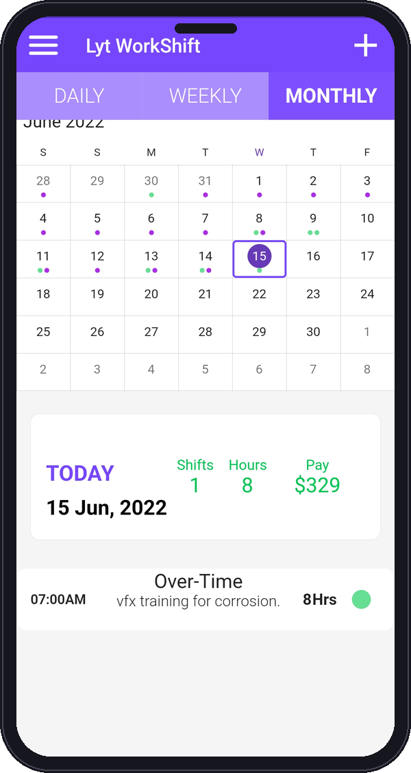 Lyt WorkShift calendar with a logged shift and daily totals