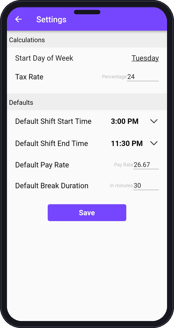 Lyt WorkShift settings: pay rate, tax rate and default shift times